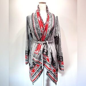 Freeway Southwestern Aztec Print Gray Belted Wrap Asymmetric Hem Draped Front